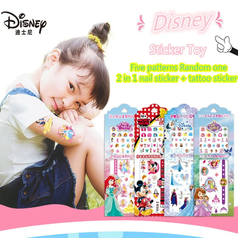 Pegatina de Disney 2 en 1 para uñas + tatuaje, elsa, Anna, Sofía, Princesa, Minnie, poni, pegatina de juguete