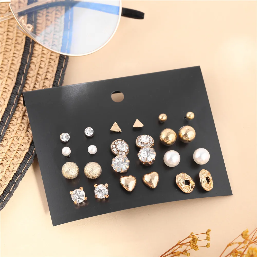 

12 Pairs /Pack metal gold silver color Stud Earrings Crystal Set Piercing Earring for women Elegant Jewelry Fashion Gift