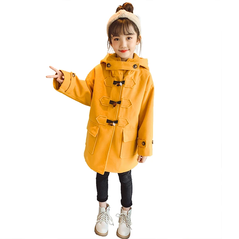 

Wool Coat for Girls Kids Yellow Wool Blend Children Jackets Fall Winter Warm Kids Hooded Outerwear Coats 4 5 7 9 11 13 Years Old