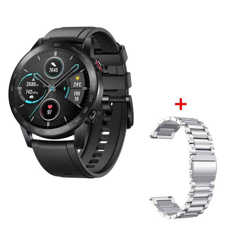 black n silver steel Глобальная версия,, Honor Magic 2, Minos, умные часы, 46 мм, 14 дней, срок службы батареи, 1,3" AMOLED Always-on display, 5 АТМ, gps часы - Цвет: black n silver steel