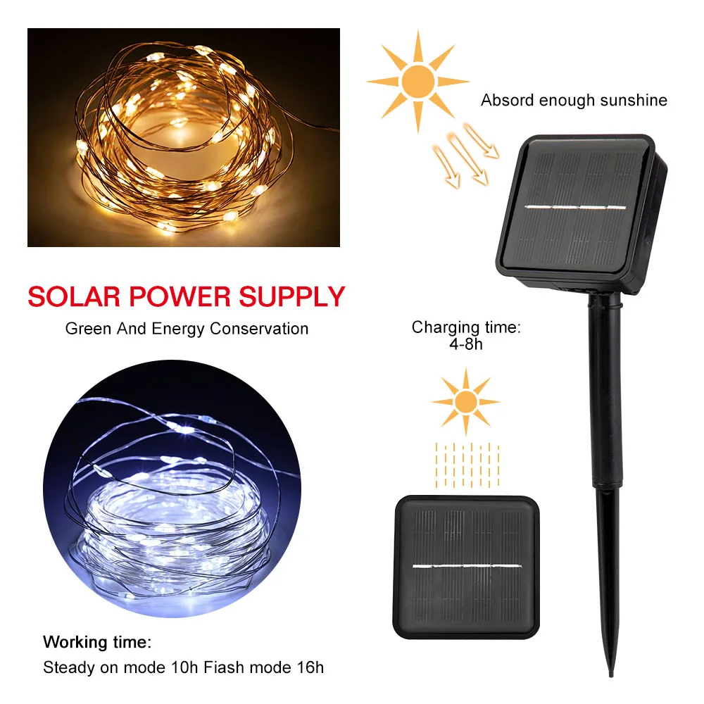 

50/100/200 led solar LED Light Waterproof LED Copper Wire String Holiday Outdoor led strip Christmas Party Wedding Decoration