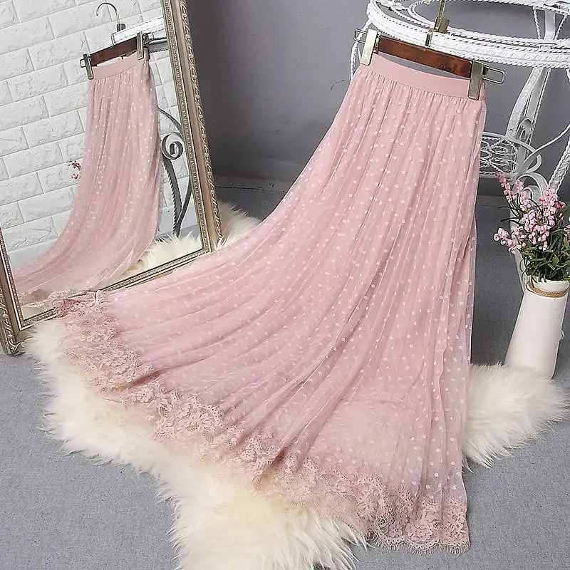 pink skirts С принтом в горошек для маленьких девочек сетчатой Тюлевая юбка Для женщин 3-слойное, розовое, Высокая Талия Для женщин юбка Falda Mujer длинная сетчатая юбка в складку C6056 - Цвет: pink skirts