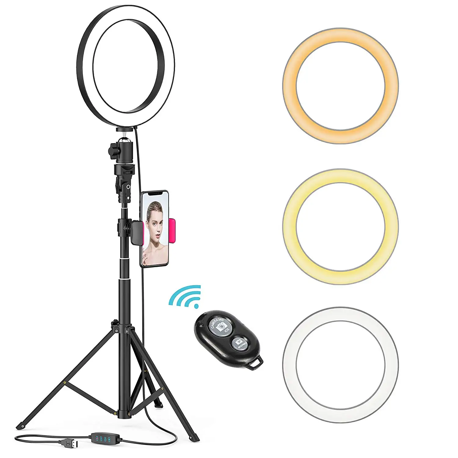 

8" LED self-timer ring light, dimmable beauty ring light with tripod stand and mobile phone holder, 80 bulbs, remote control