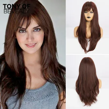 

Long Wavy Brown Synthetic Wigs for Women With Side Bangs Cosplay Natural Hair Wigs Heat Resistant Fiber Wigs