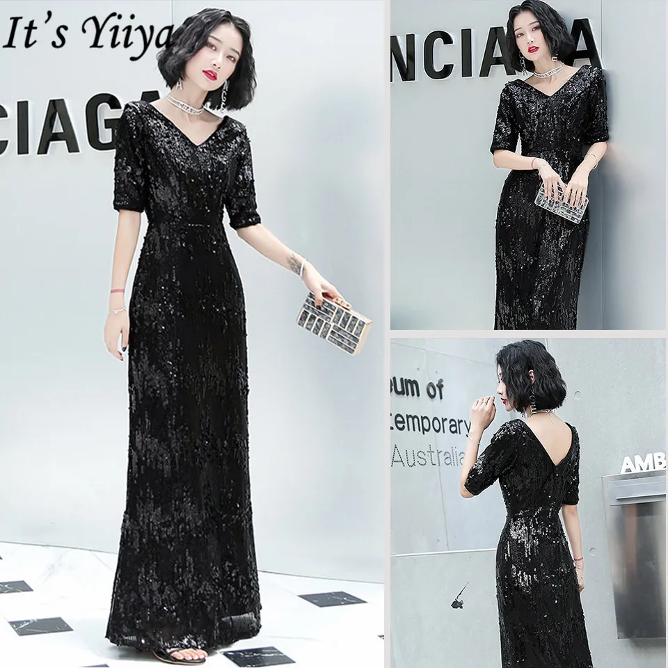 

It's Yiiya Long Dresses Evening Half Sleeve Pleat A-Line Plus Size Formal Dress Eveing Gown Sequined V-Neck Robe De Soiree K023