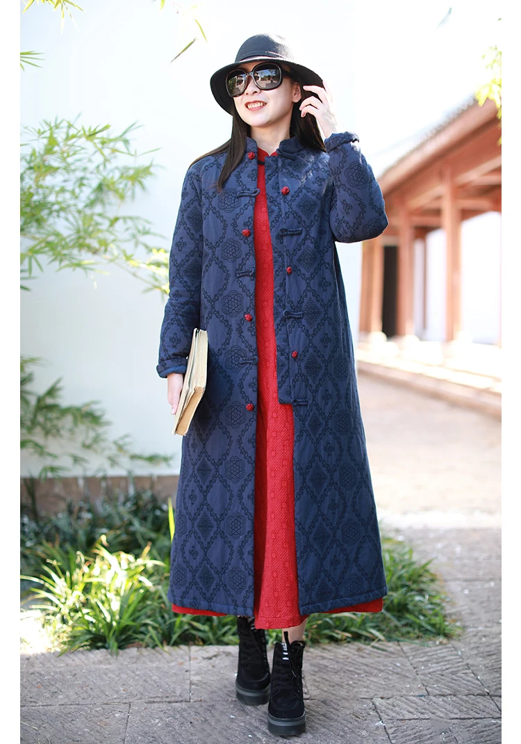 LZJN 2019 Winter Jacket Women Stand Collar Quilted Overcoat Long Chinese Parka Jacquard Autumn Coat Pocket Winterjas  (6)