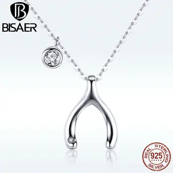 

BISAER Hot Sell 925 Sterling Silver Lucky Wishbone Pendant Necklace For Women Clavicle Chain Collier Trendy Jewelry Gift GAN046