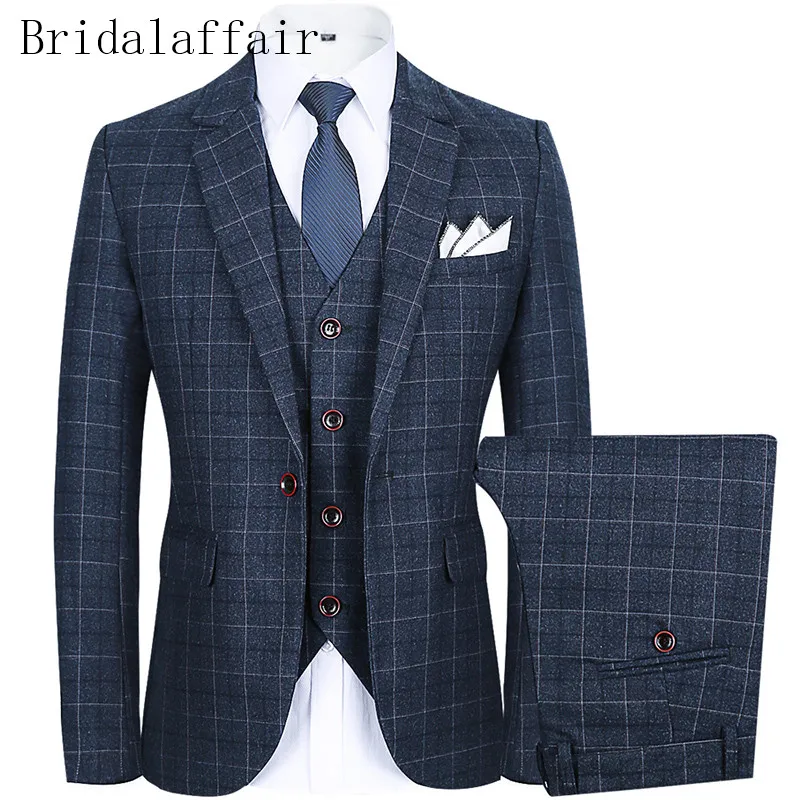 KUSON Three-piece Male Formal Business Plaids Suit for Men's Fashion Boutique Plaid Wedding Dress Suits 2 Colors Navy Grey - Цвет: grey