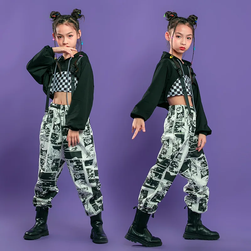 Kid Hip Hop Clothing Black Hoodie Sweatshirt Crop Top Long Sleeve Shirt Streetwear Print Jogger Pants for Girls Dance Costume