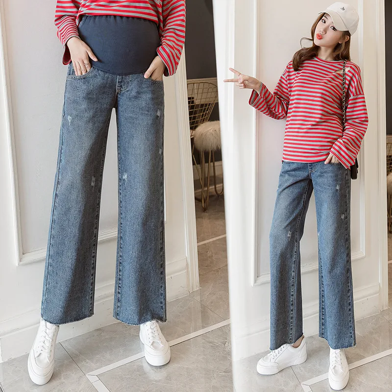 Loose Wide Leg Denim Jeans Maternity Pants Trousers For Pregnant Women Clothes Vintage Pregnancy Jeans High Waist Autumn Pants - Цвет: Синий