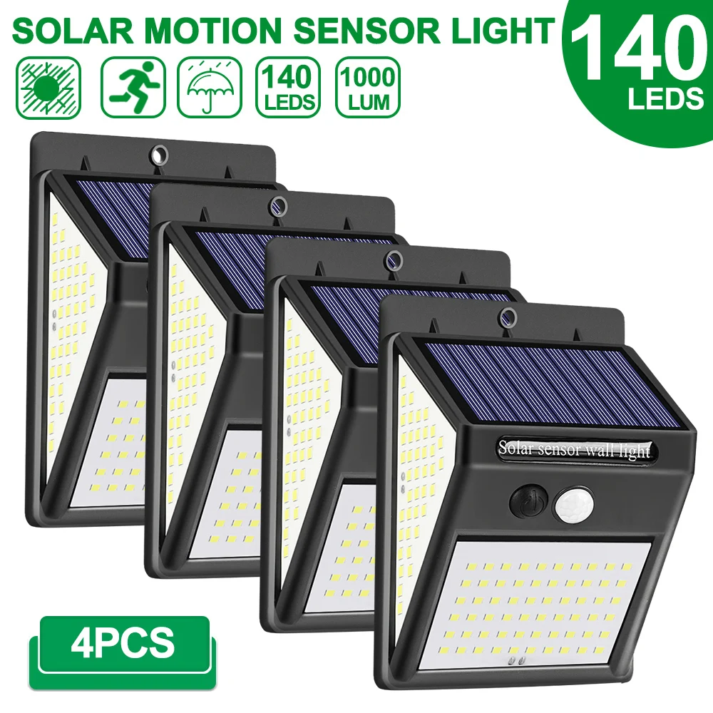 4pcs 140LED JUNEJOUR 140LED солнечный светильник Открытый солнечный светильник водонепроницаемый PIR датчик движения уличный светильник - Испускаемый цвет: 4pcs 140LED