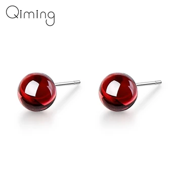 

Trendy Red Garnet Stone Stud Earrings Small Round Ball Earrings for Women Minimalist Jewelry Pendientes Piercing Bijoux