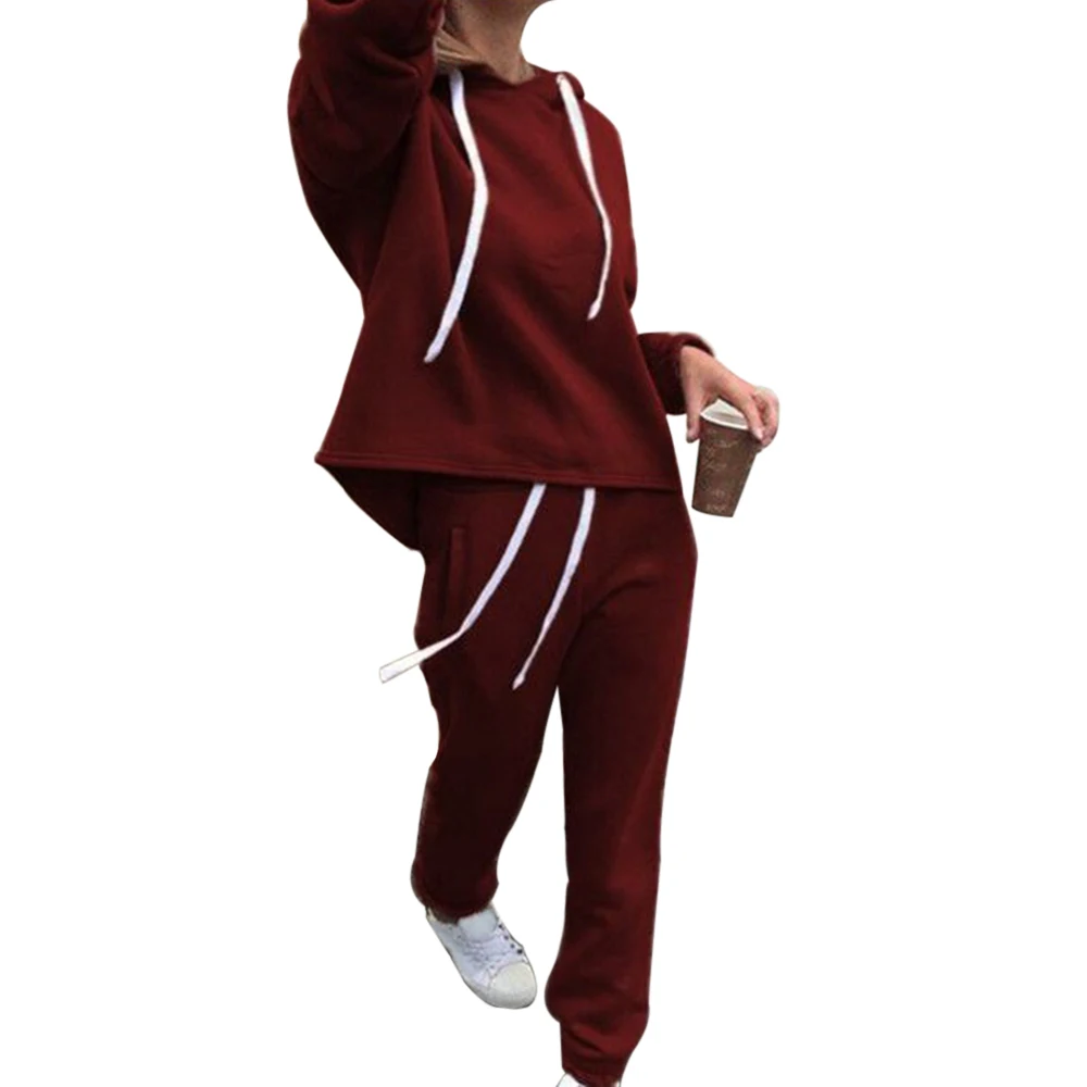 Женский спортивный костюм толстовки с длинными рукавами отдельный комплект для бега повседневные длинные штаны однотонная Толстовка Спортивная женская одежда со шнуровкой - Цвет: wine red