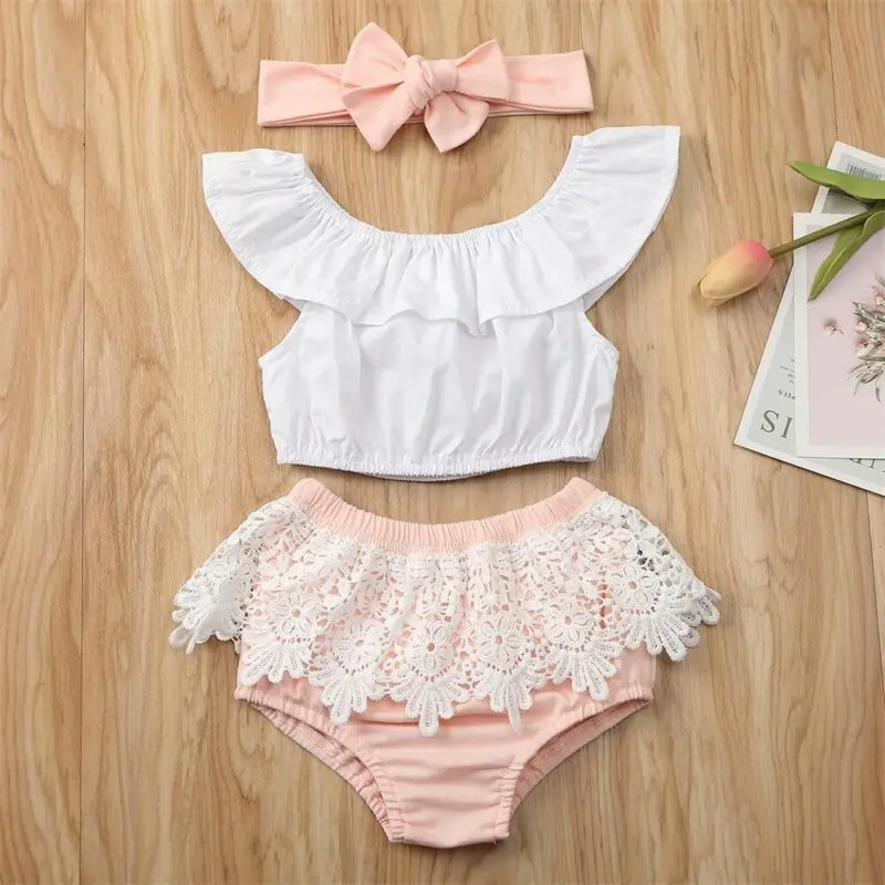 

US Sweet Baby Girl Newborn Summer Shorts Outfits T-shirt Top Lace Pants Headband