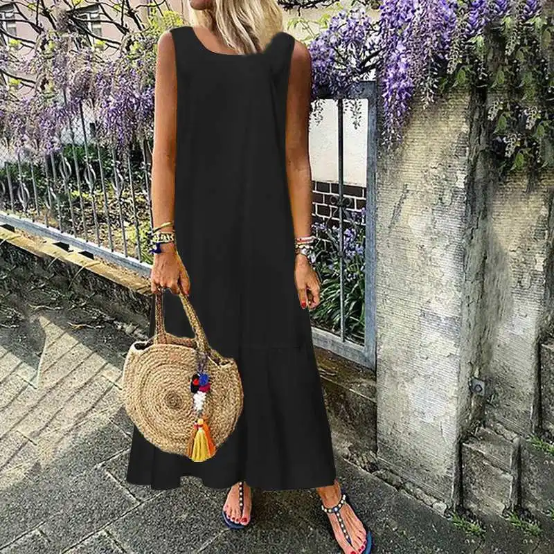 Plus Size Sundress Women Retro Linen Long Maxi Dress Celmia Summer Sleeveless Casual Loose Pleated Shirt Vestido Robe Femme