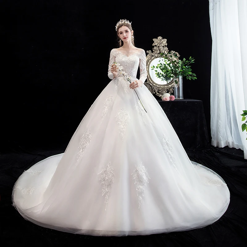 Do Dower роскошное свадебное платье с v-образным вырезом и длинным рукавом, кружевное вышитое платье размера плюс со шлейфом, тонкое свадебное платье, Robe De Mariee L