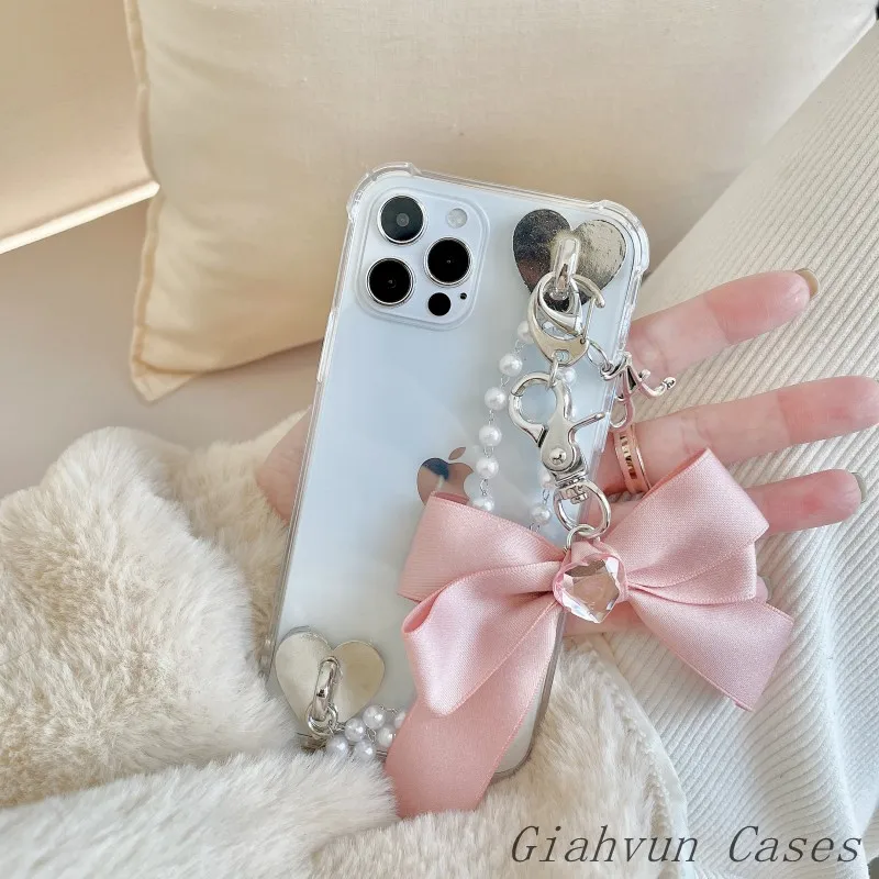3D Bow Pearl Bracelet Chain Soft Phone Case For iphone 13 12 Pro Max 11 6 6S 7 8 Plus X XR XS Max SE For Samsung S10 S21 S20 iphone 13 pro max case leather