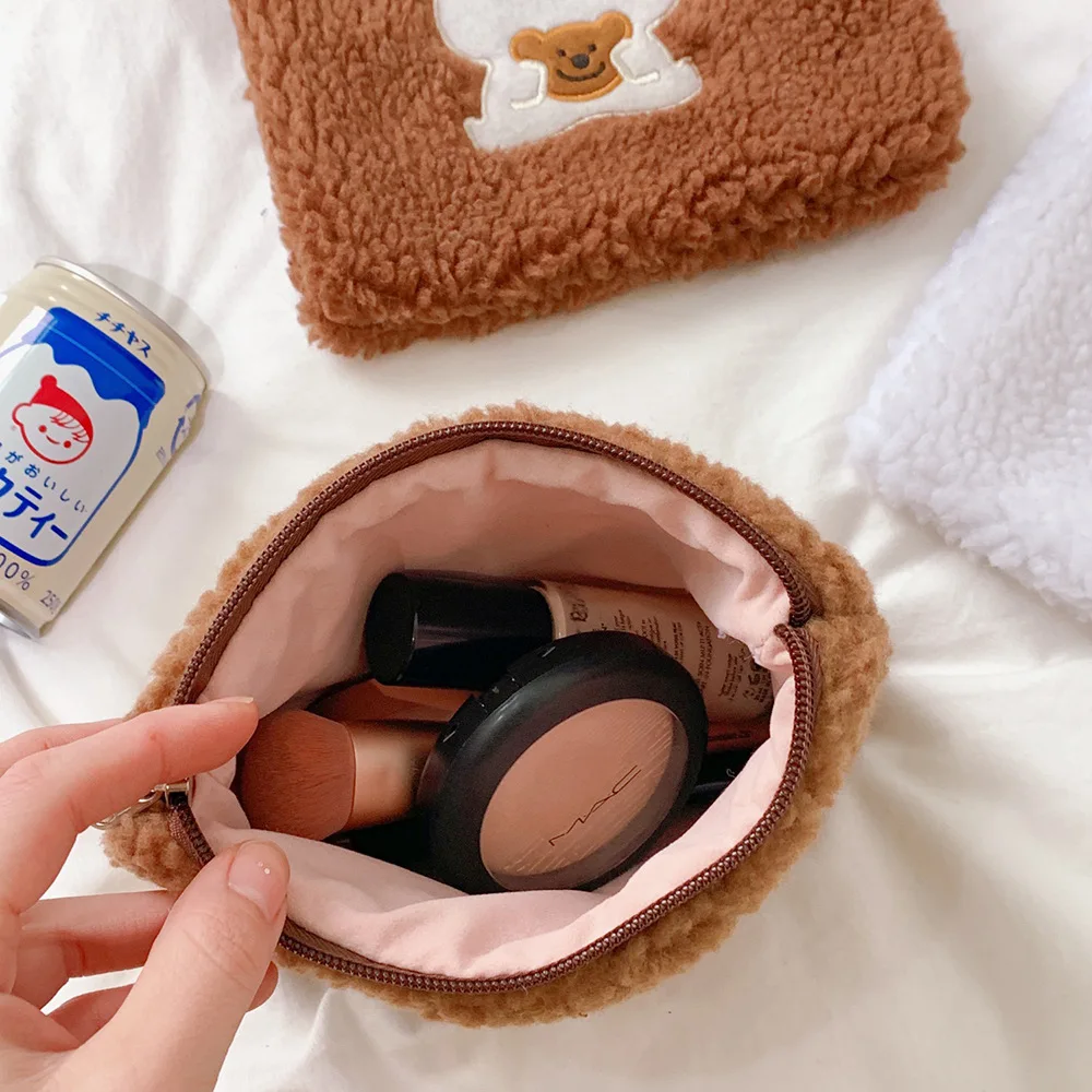 Cartoon Puppy Embroidery Plush Bag Korea Bear Cosmetic Purse Soft Travel Toiletry Pouch Girls Daily Necessities Storage Handbag