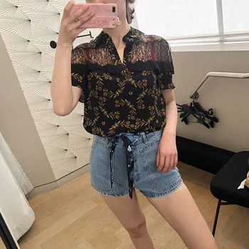 

French Elegant 2020 Summer Lace Lotus Leaf Edge Perspective Printing Women's Wear Top 190358