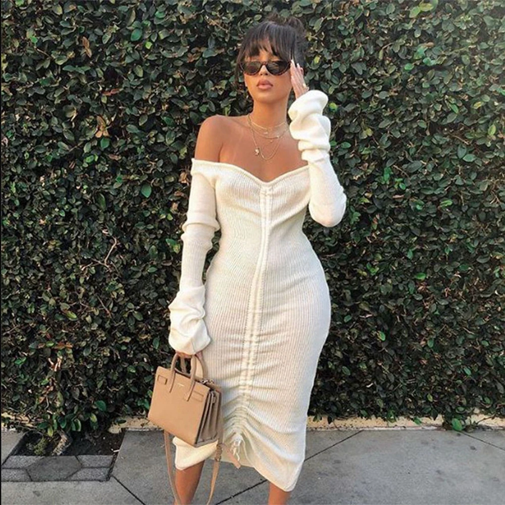 NEW Autumn Women Solid Color Dress Ribbed Knitted Long Sleeve Drawstring Off Shoulder Ladies Party Cocktail | Женская одежда