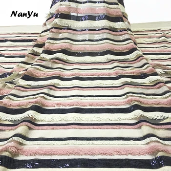 

Stripe Computer Embroidery Fabric with Color Sequin and Tassel Fringe