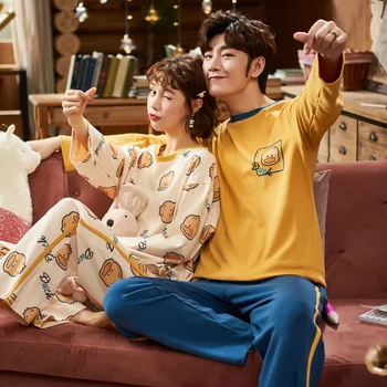

Women's Long Sleeve Pants Cartoon Lovely Home Clothes Set Can Be Worn Out Spring and Autumn Couple's Pullover Pajamas
