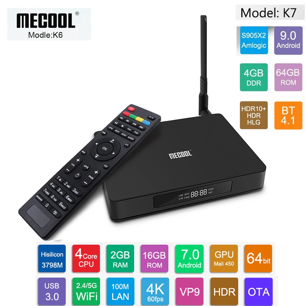ТВ приставка MECOOL K7 K6 DVB S2 T2 C Android 7 0 2 Гб ОЗУ 16 ПЗУ четырехъядерный 4G + 5G WiFi USB3.0 100
