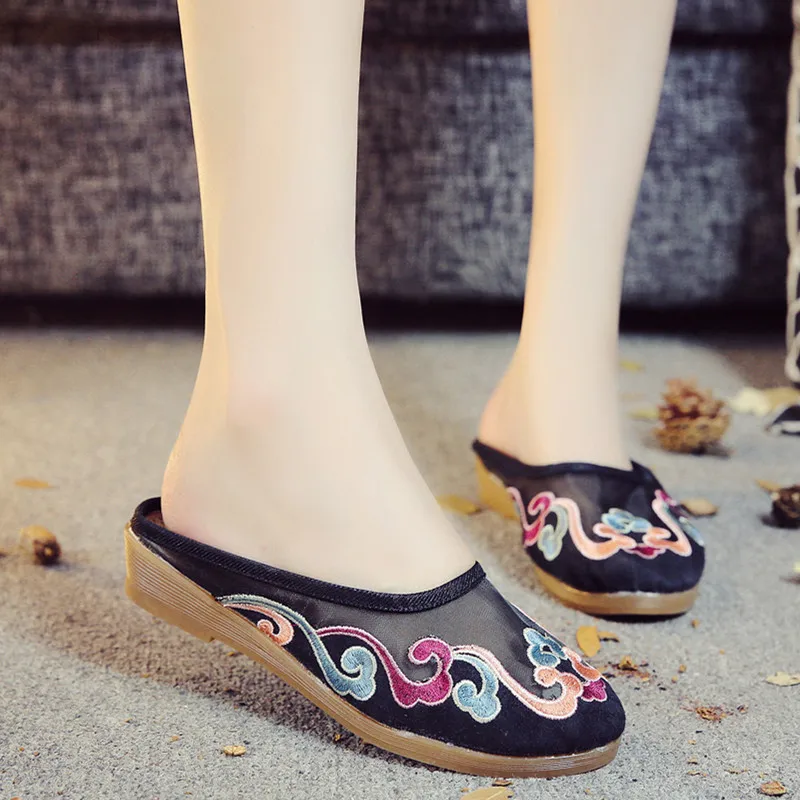 

Summer New Style Gauze Hollow out Embroidered Fabric Slipper Ethnic-Style Casual Sandals Embroidery Cloth Shoes WOMEN'S Slippers