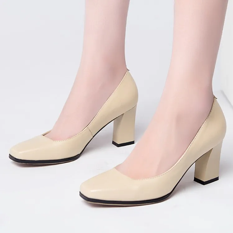 

New Style Chunky-Heel Low-Cut Square Head Loafers High-Heel Rubber Sole Fashion Genuine Leather Shoes Versatile Ol Career Work S