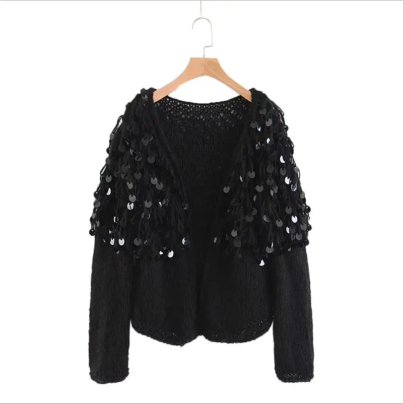 Hand Knitted Beading Cardigan Women Fringed Sweater Loose 3D Sequined Tassels Coat Hollow Wool Circles Fringed Jacket Tops - Цвет: Black