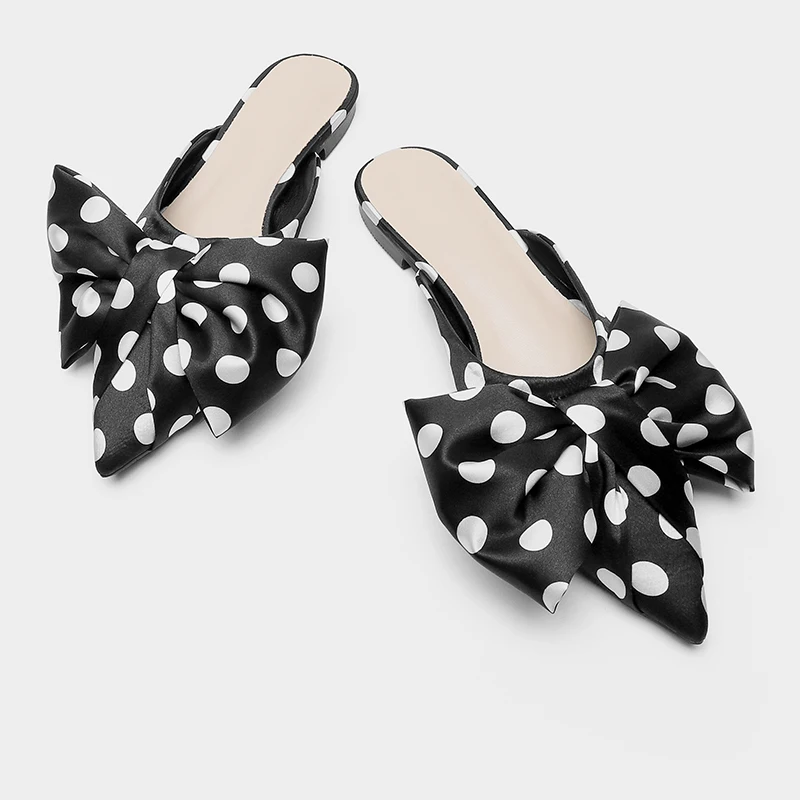 2020 Summer New Pointed Toe Baotou Half Slippers Polka Dot Bow Flat Heel Slipper