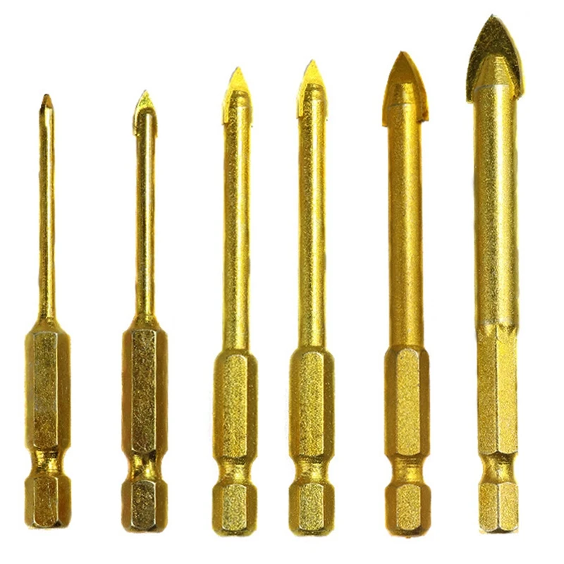

6Pcs 1/4 Inch Hex Shank Tungsten Carbide TCT Glass Drill Bits Set Titanium Coated Power Tools Accessories Wall/Glass Hole Drill