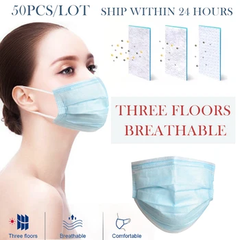 

50 Pcs/Lot 3 Layer Non-woven Comfortable Disposable Face Mask Mouth Elastic Earloops Masks Breathable Ship With 24 Hours