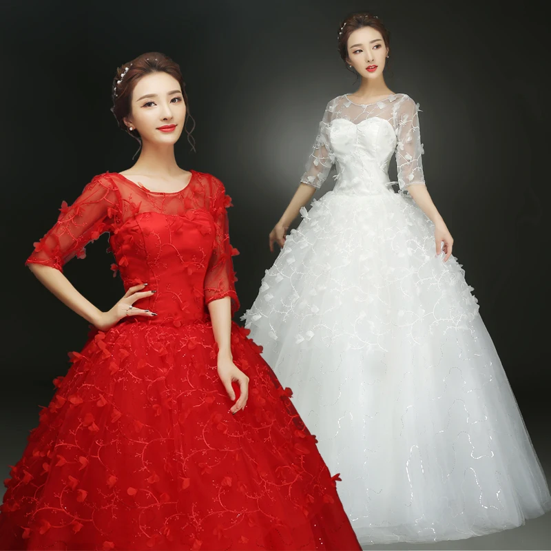 

Red White Wedding Dresses Bride's Plus Size Flower Wedding Dress Half Sleeves Bridal Ball Gowns Lace Up Dresses