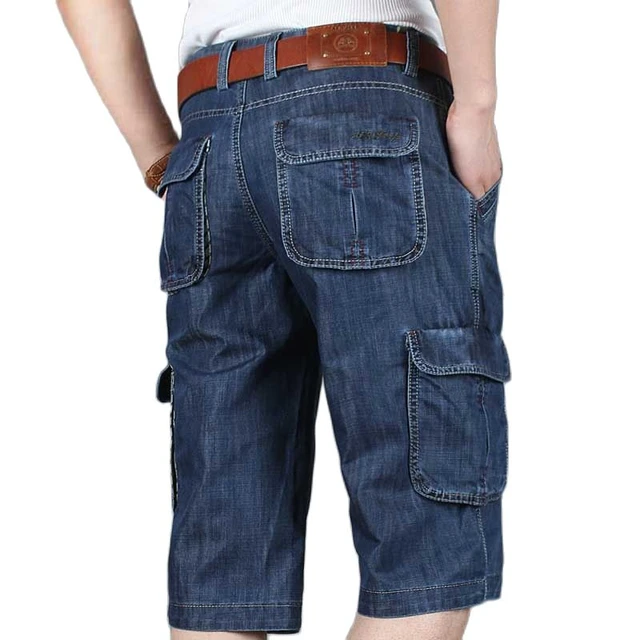 Mcikkny Vintage Men's Cargo Summer Denim Shorts Multi Pockets Blue Straight  Short Jeans For Male Plus Size 30-46