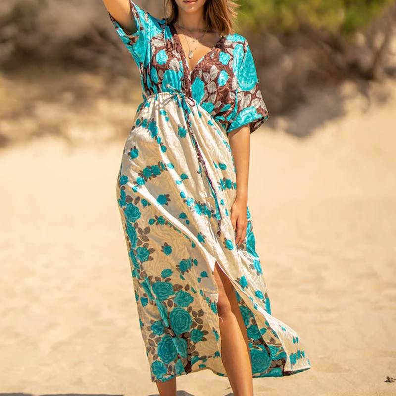 

Swim Suit Cover up Women Bohemian Dress Bikini Cover up Waist Elastic V neck Summer Holiday Dress Pareo Robe Plage Beach Wear