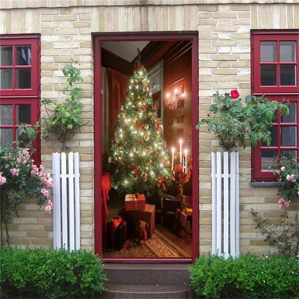 Наклейки на двери рождественские раздвижные стеклянные двери наклейки домашний Декор Санта Клаус детская комната клейкие водонепроницаемые обои плакаты