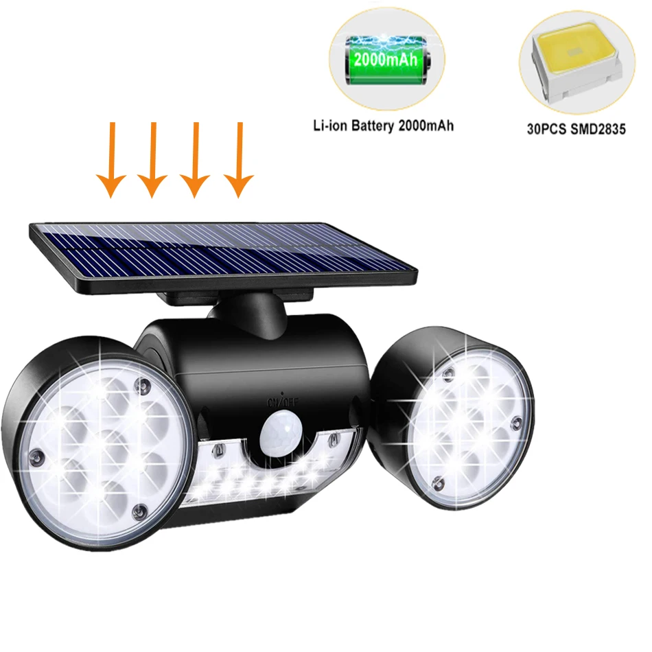 

Solar LED Light Outdoor Wall lamp Motion Sensor Wall Lights 30 LED IP65 Waterproof Dual Head Adjustable Patio Garage Garden