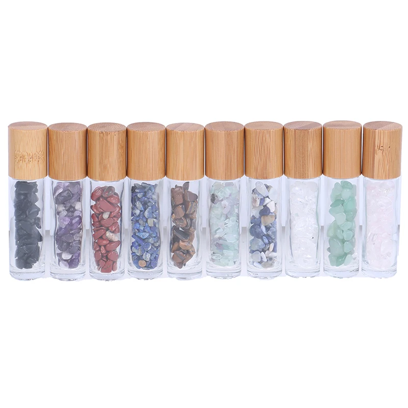

1pcs New 10ml Natural Gemstones Essential Oil Roller Ball Bottles Transparent Glass With Bamboo Lid Caps