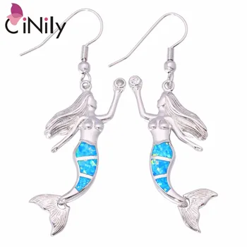 

CiNily Created Blue Fire Opal Silver Plated Earrings Wholesale Retail Mermaid for Women Jewelry Dangle Earrings 2 1/4" OH3709