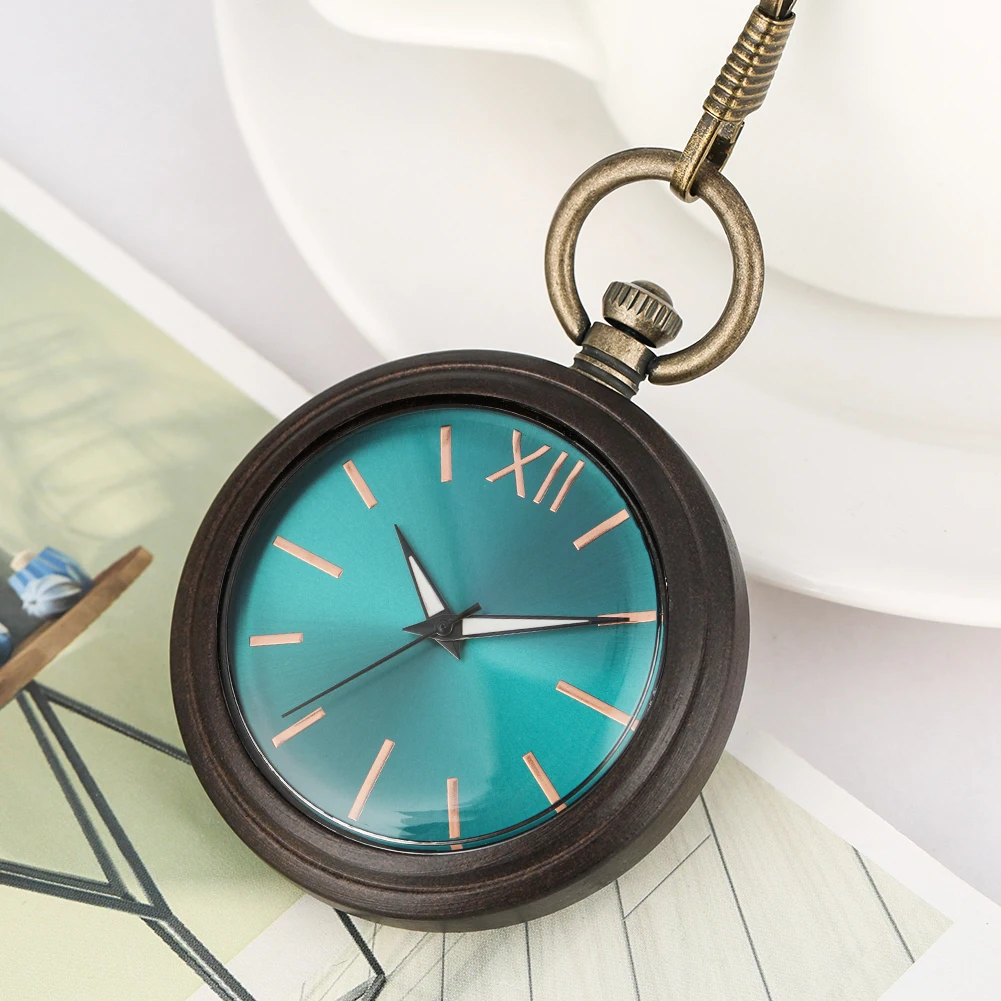 Classic Ebony Wooden Men Women Quartz Pocket Watch Marble Dial Pocket Watches Bronze Alloy Pendant Chain Gifts