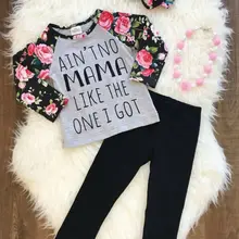 Новая осенняя одежда для маленьких девочек Футболка с цветочным принтом и длинными рукавами+ леггинсы комплект одежды для малышей с повязкой на голову