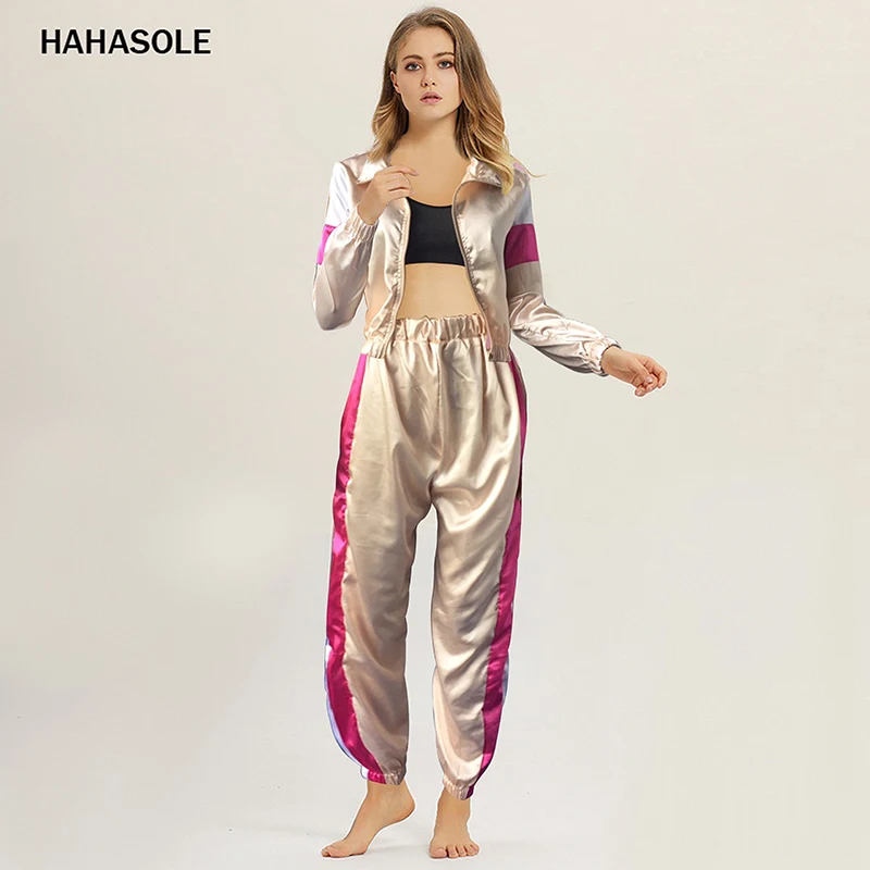 HAHASOLE Sportswear Fashion Splice Women Two Pieces Sport Suit Set Zipper Yoga Set Elastic Drawstring Pants Tracksuits HWA4229-4