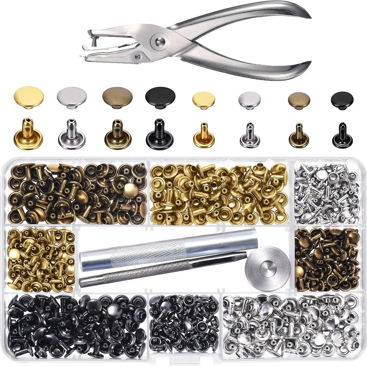 360 Sets Double Cap Leather Rivets in 3 Sizes 4 Colors with Punching Pliers 3 Setting Tools