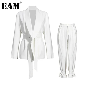 

[EAM] Wide Leg Pants Big Size Bandage Two Piece Suit New Lapel Long Sleeve Loose Fit Women Fashion Spring Autumn 2020 1DA241