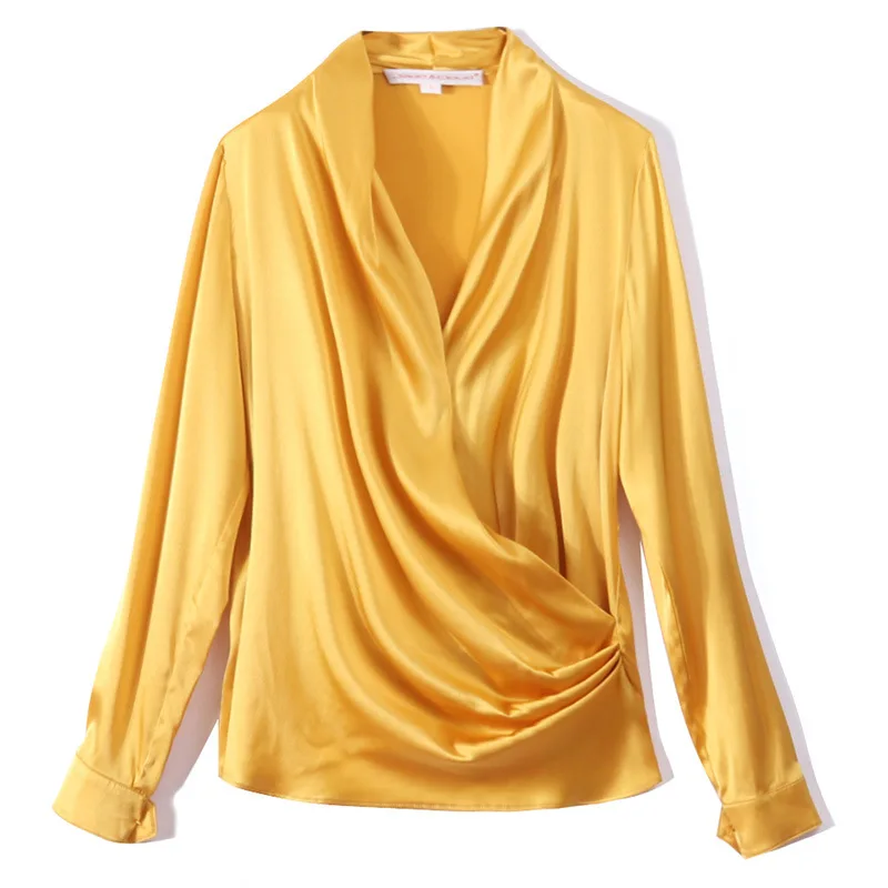 02 Gold Silk Tops Элегантная Зеленая Шелковая сатиновая блузка, Офисная Женская Сексуальная Блузка с v-образным вырезом и длинными рукавами, с запахом на талии, натуральный шелк, женская блузка высокого качества - Цвет: 02 Gold Silk Tops