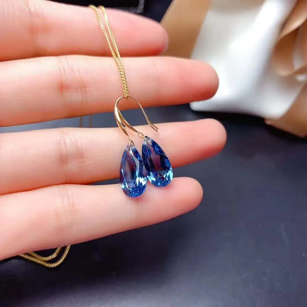 Fs 7*16 Natural London Blue Topaz Real 18K Gold Classic Water Drop Orecchini Fine Charm Gioielli Da Sposa Per Le Donne Spedizione Gratuita