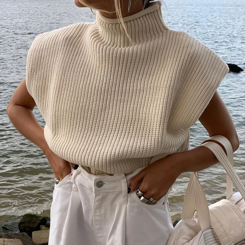 

White Turtleneck Sleeveless Vest Sweater Women Shoulder Pads Knitted Pullover Autumn Winter Jumper Casual Loose Tops