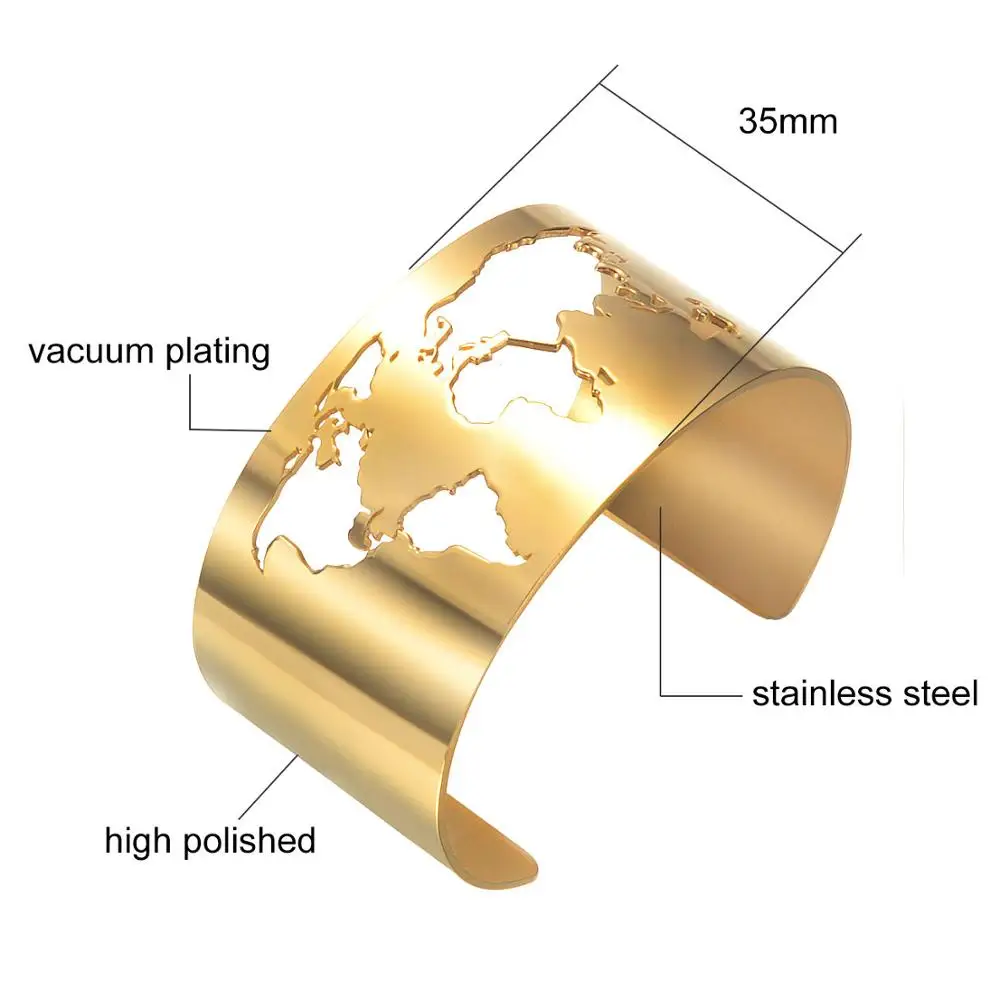Карта мира выдалбливают манжеты браслет путешествия мира ювелирные изделия из нержавеющей стали 35 мм Лазерная гравировка тонкий полированный круг угол