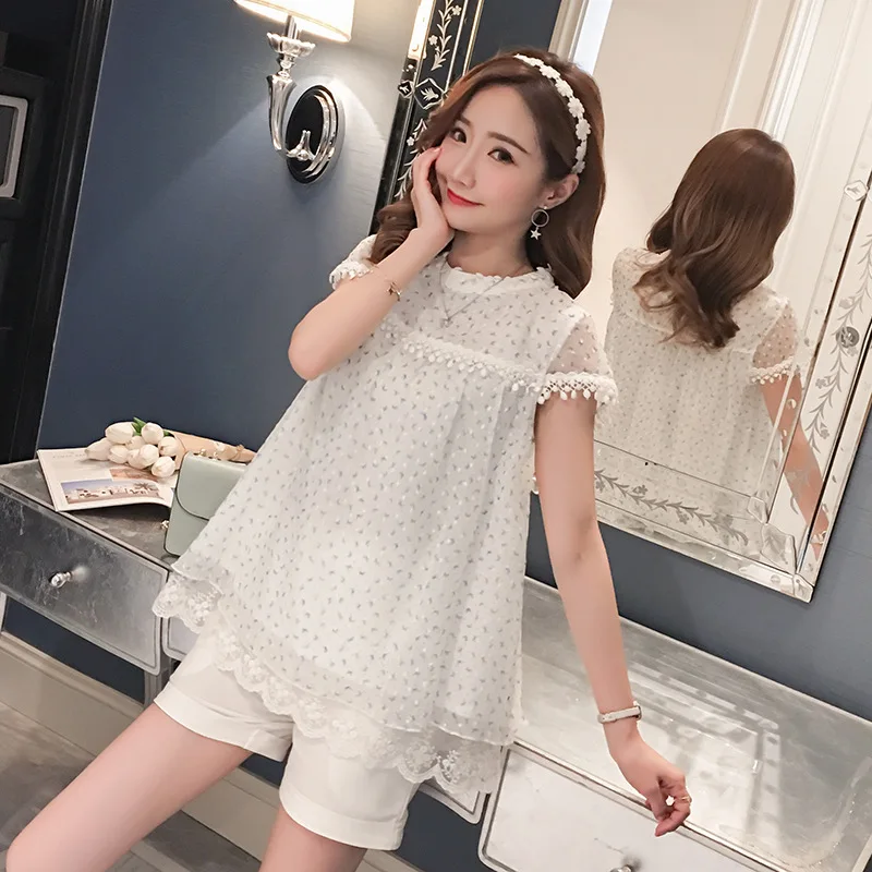 

2018 New Style Summer Wear Ladies' GIRL'S Shirt Joint Lace Maternity Top And Maternity Pants Sub-Set